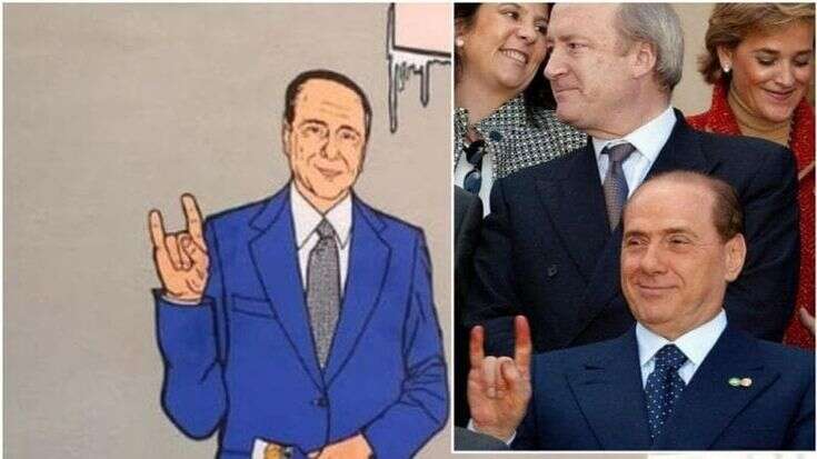 Milano, in via Volturno nuova versione del murale dedicato a Berlusconi. E questa volta fa le corna, come al vertice Ue 2022