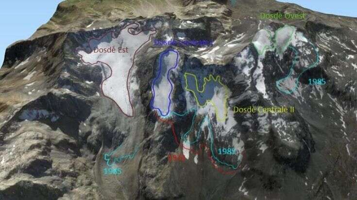 Il ghiacciaio di Dosdè Est in Valtellina è sempre più piccolo: in 30 anni ha perso l’equivalente di due campi e mezzo da calcio