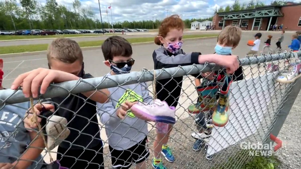 Riverview East School hangs 215 pairs of shoes to honour residential school students