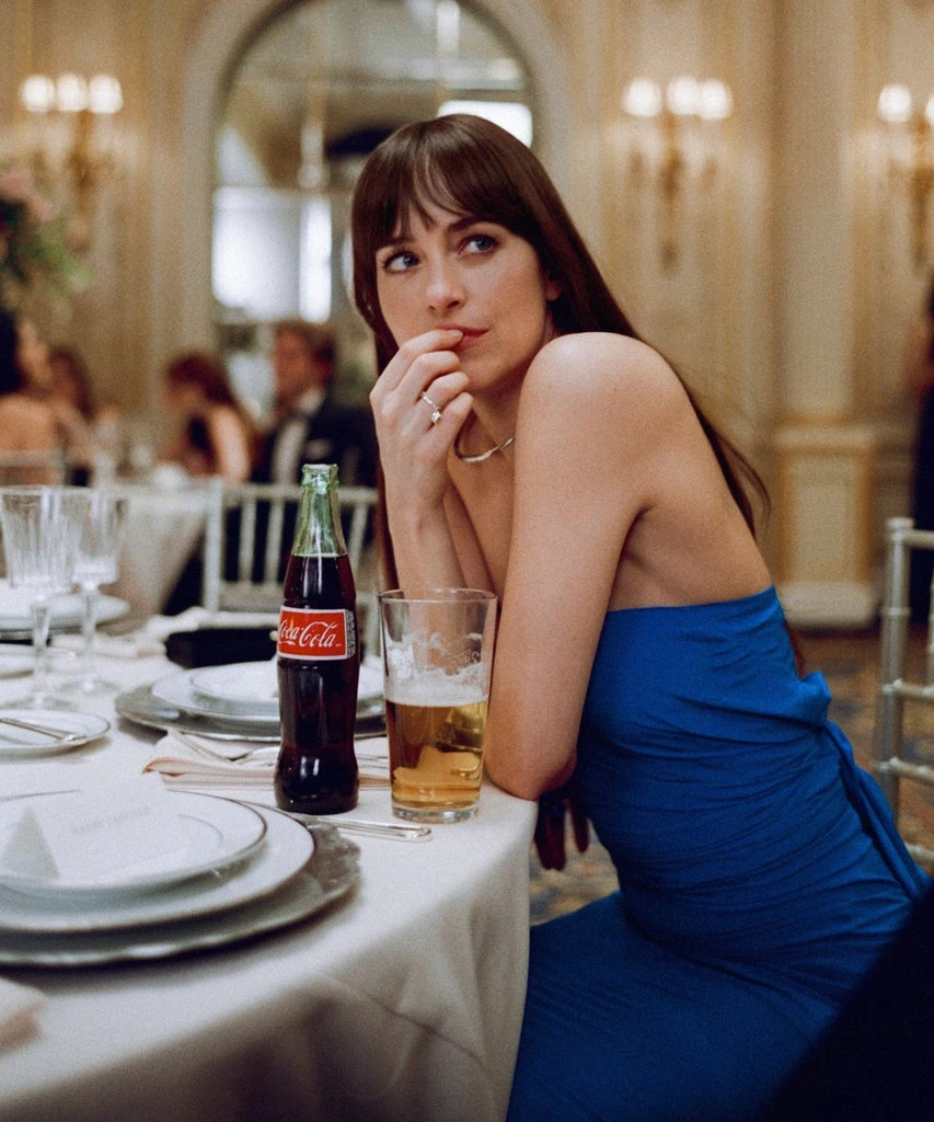 In Materialists, Dakota Johnson Wears A Working Girl-Inspired Uniform, Proenza Schouler Gown & Dôen Florals
