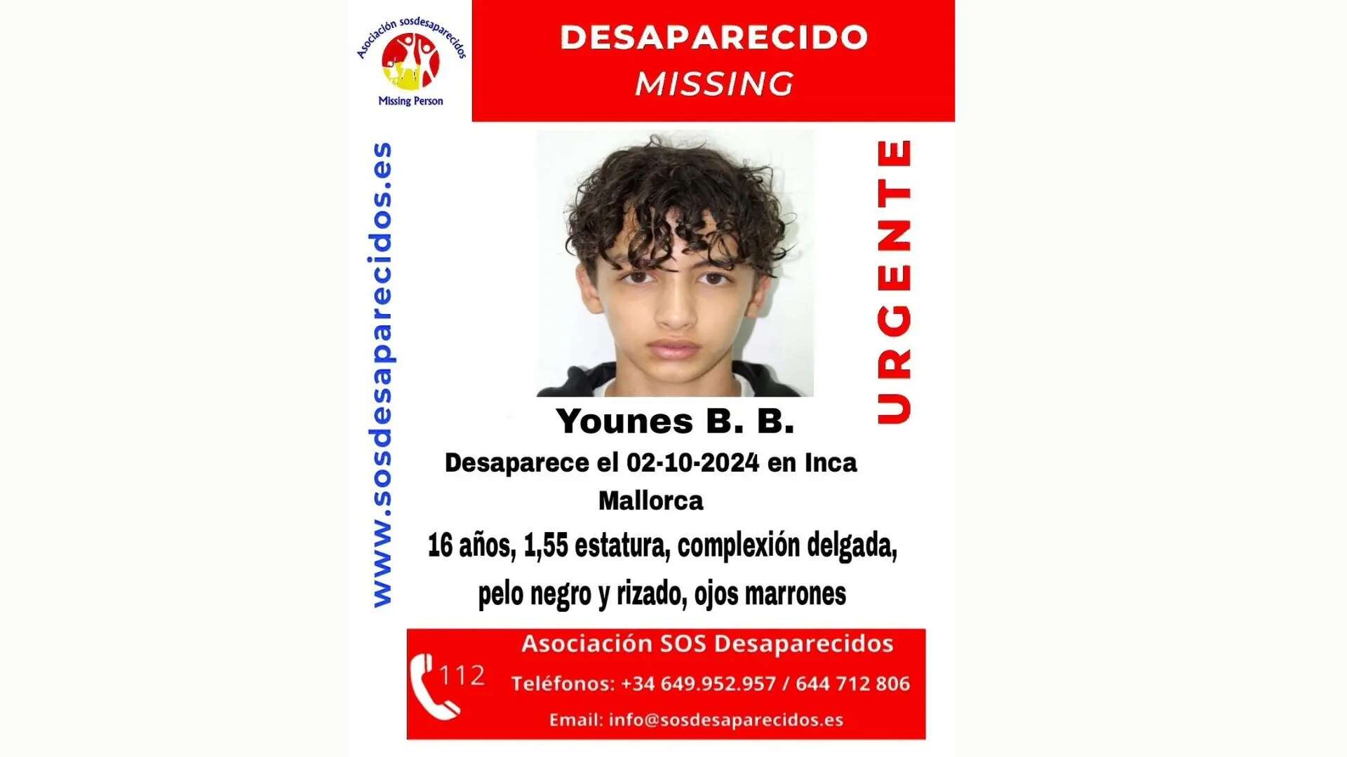 Piden ayuda para encontrar a Younes, un joven de 16 años desaparecido en Inca