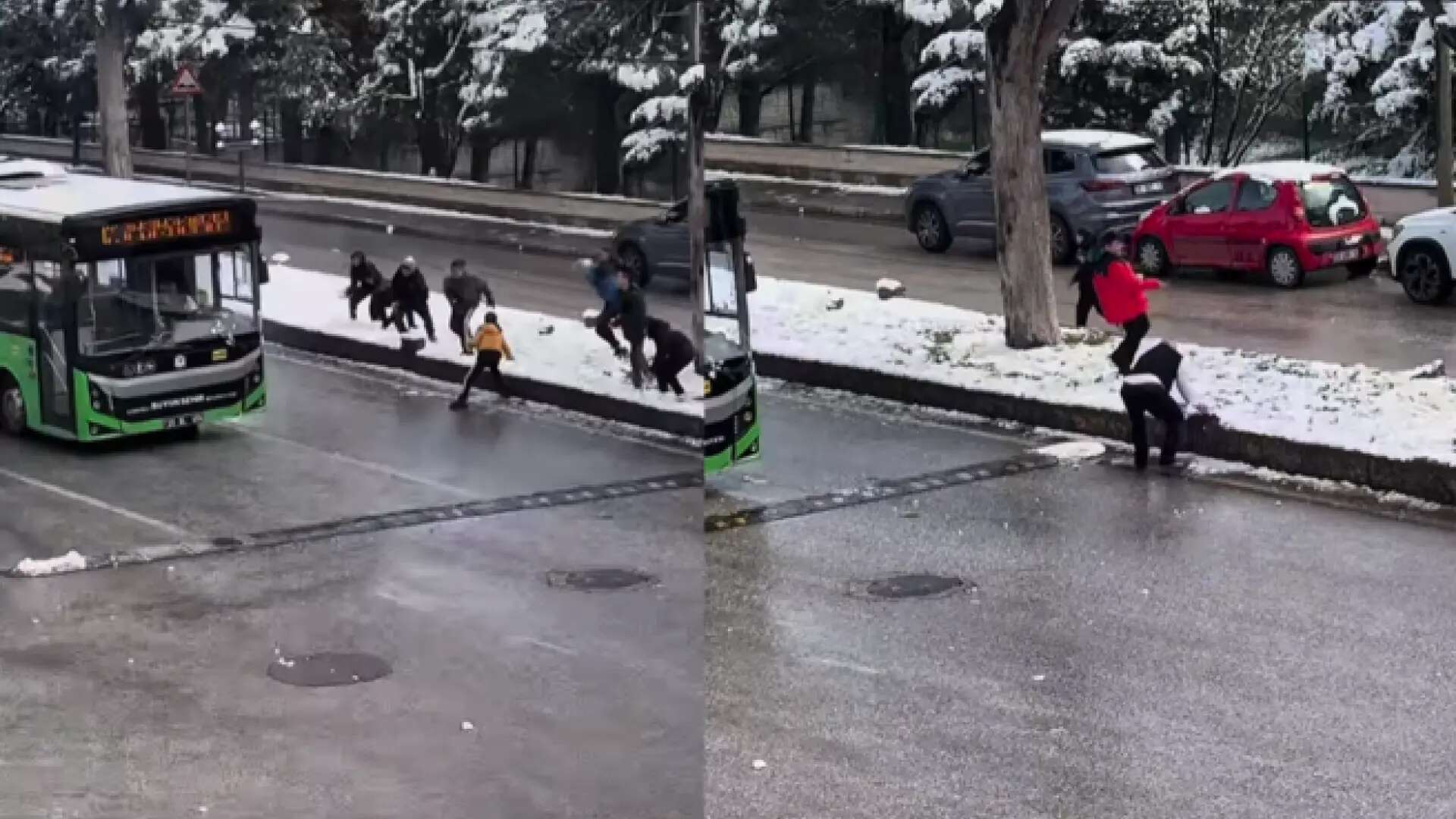 Unos niños tiran bolas de nieve a un autobús y el conductor les responde uniéndose a ellos