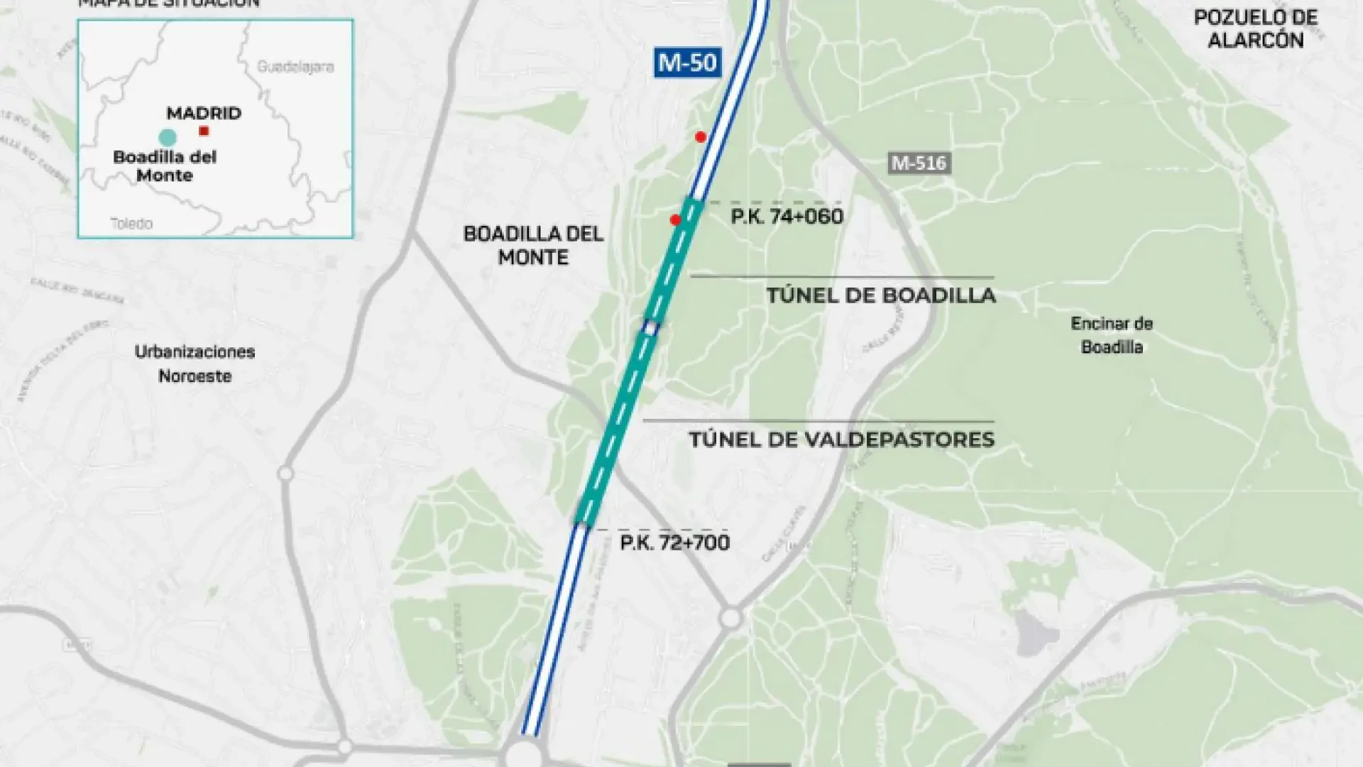 La M-50 cierra carriles al tráfico por obras en los túneles de Boadilla y Valdepastores