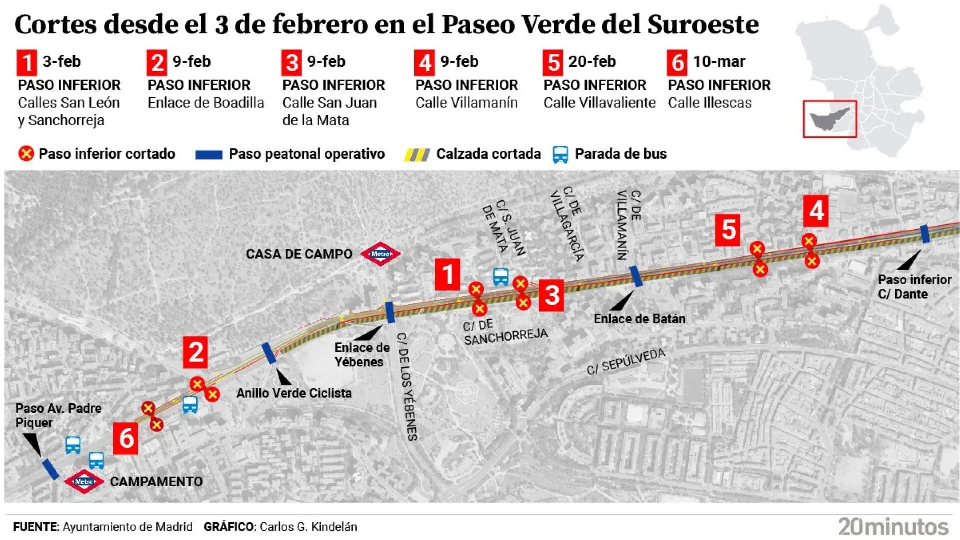 El bus circular para conectar Lucero y Batán durante las obras en la A-5 será gratis desde el lunes