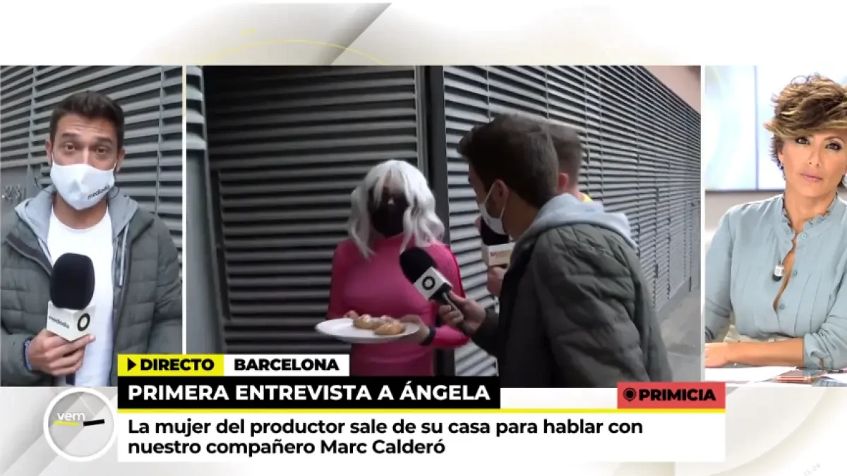 Ángela, mujer de Mainat, sale de su casa con una peluca para repartir cruasanes a los periodistas en 'Ya es mediodía'