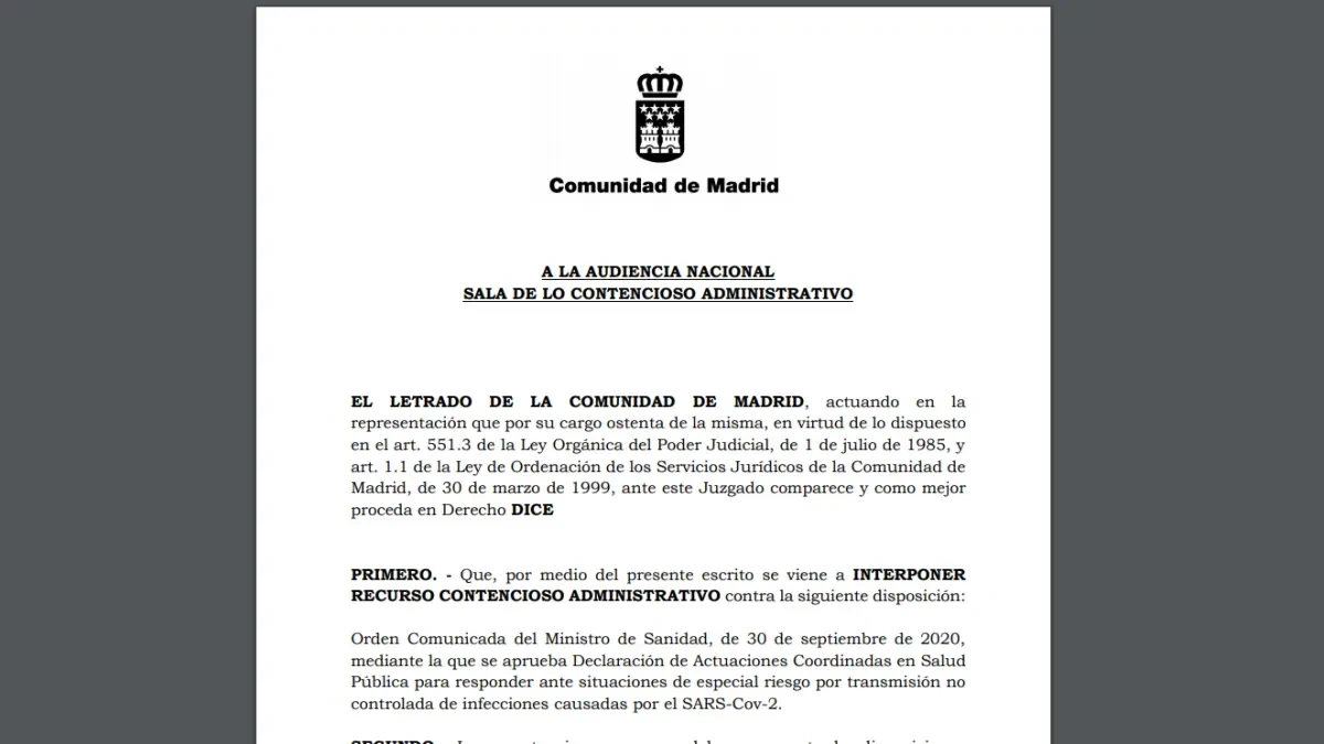 Lee íntegro el recurso que ha presentado la Comunidad de Madrid por las medidas de restricción en diez ciudades
