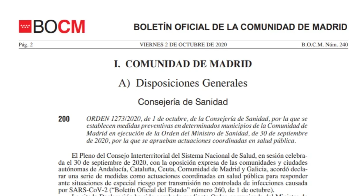 La Comunidad de Madrid publica la orden con las nuevas restricciones de Sanidad