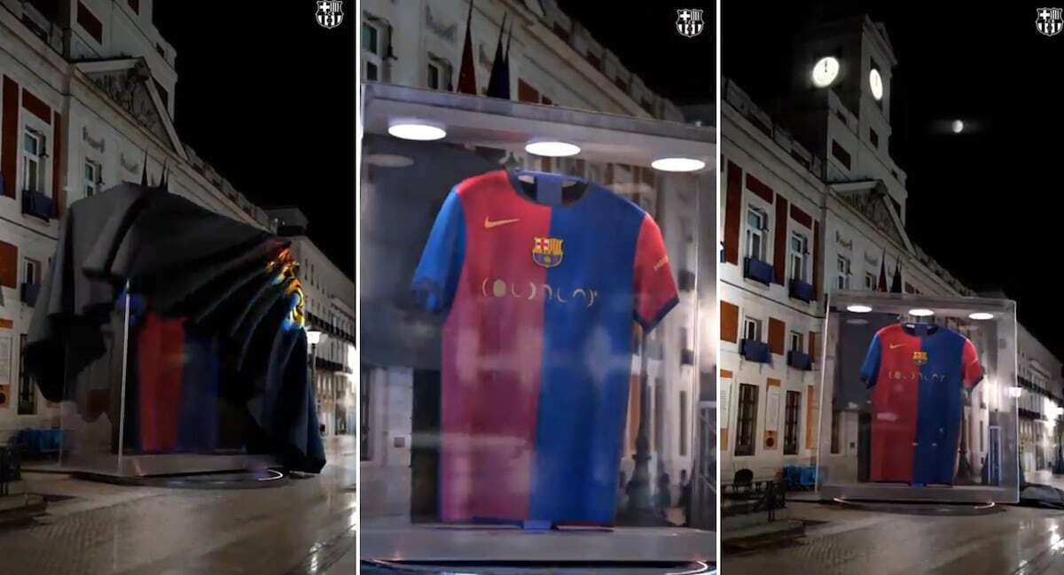 El Barcelona ‘planta’ una camiseta gigante en la Puerta del Sol de Madrid un día antes del Clásico