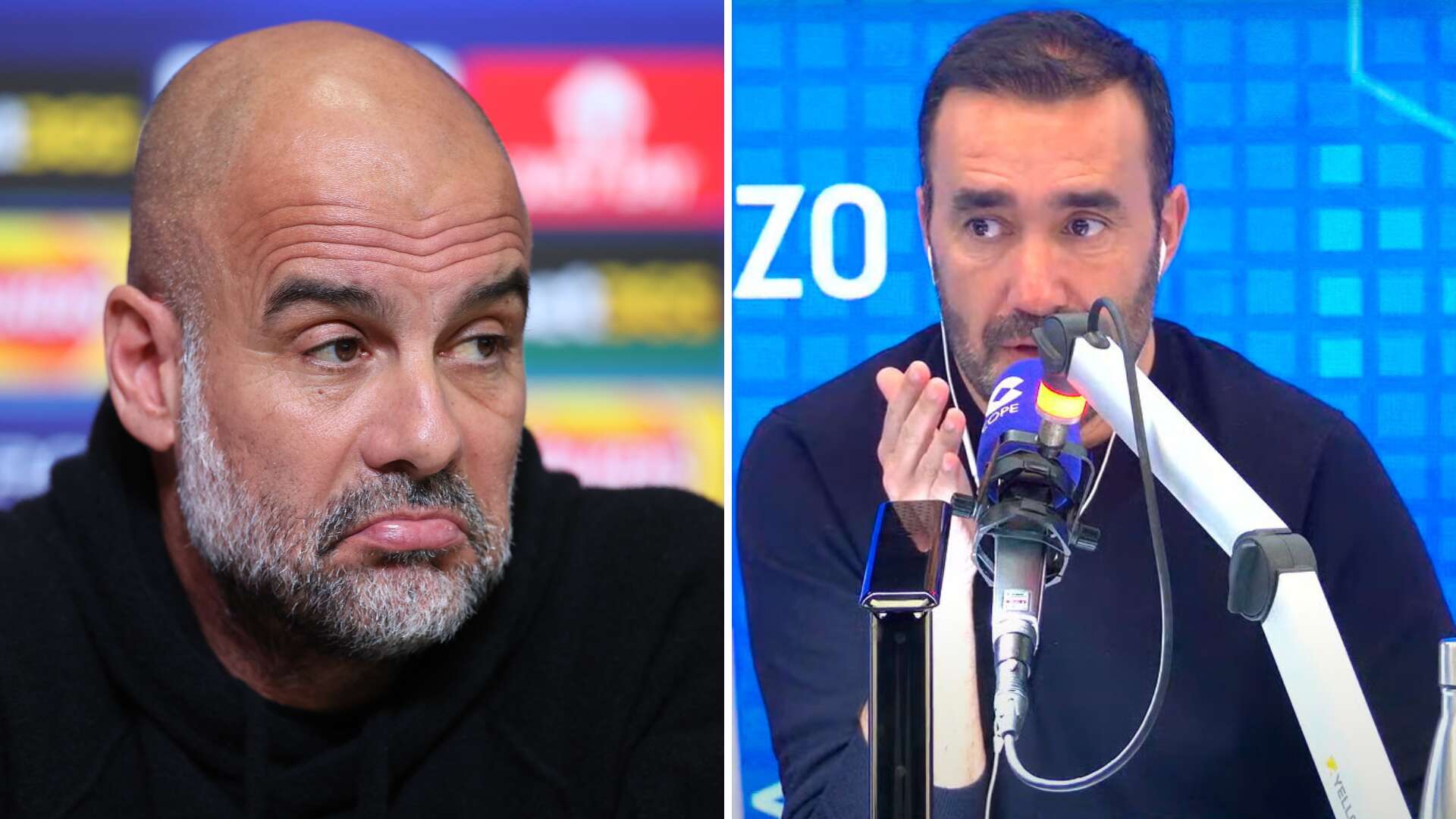 Juanma Castaño escucha una respuesta de Guardiola y le señala por lo que dice: 