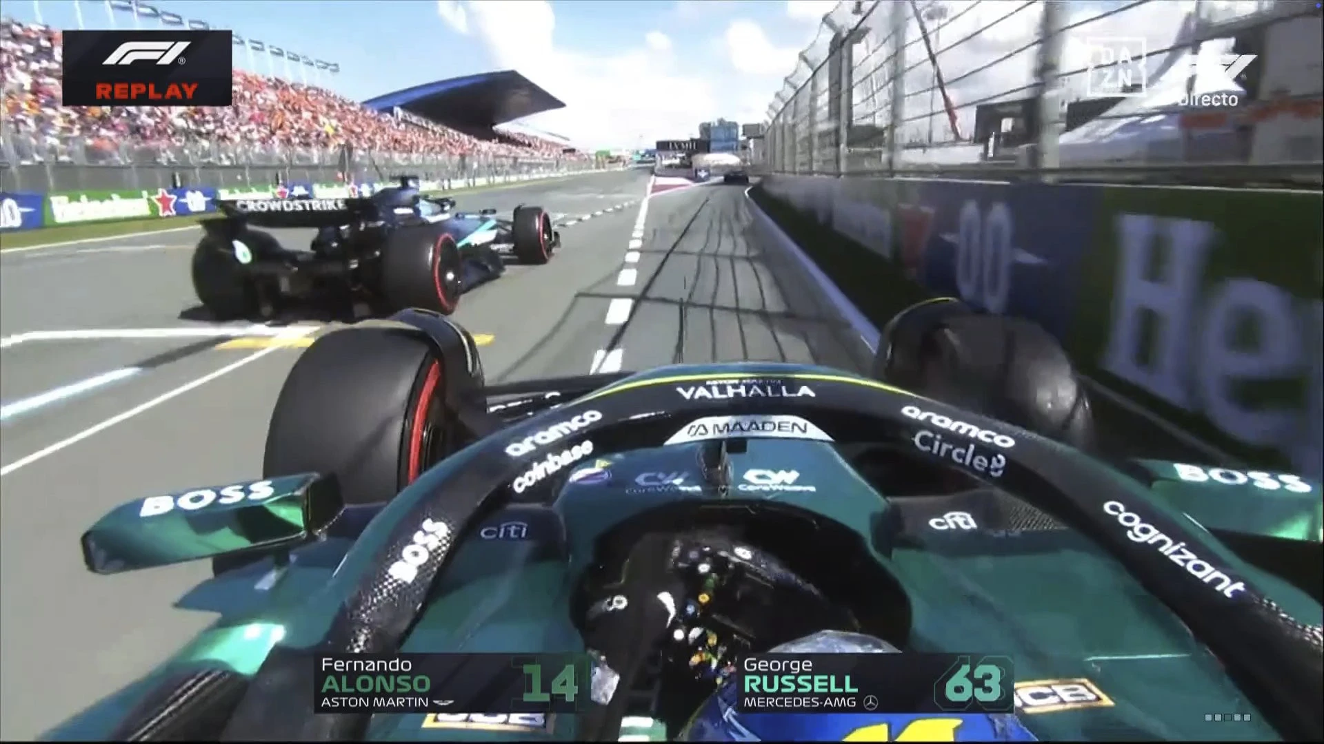 Russell casi hace que Alonso se estrelle y la FIA le castiga con una ridícula sanción