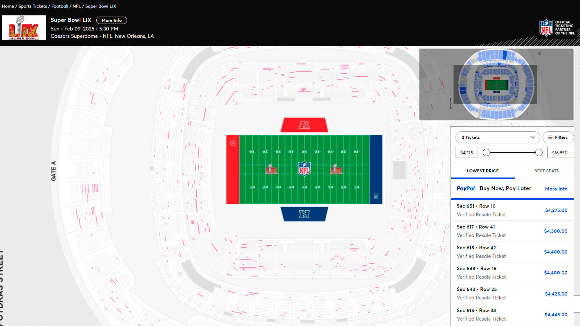 Así oscilan los precios de las entradas para la Super Bowl: las más baratas, 4300 dólares