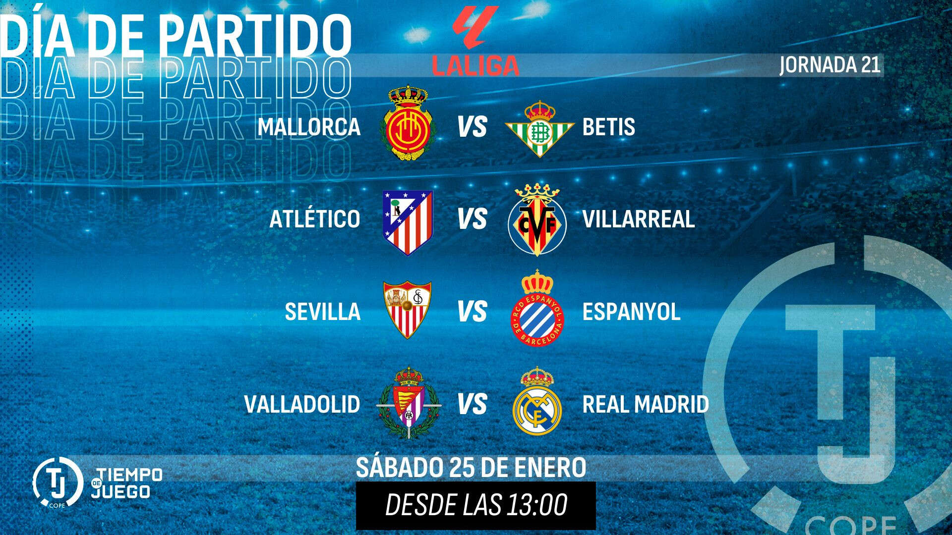 Sigue en directo Tiempo de Juego este sábado desde las 13:00h con la jornada 21 de Primera División