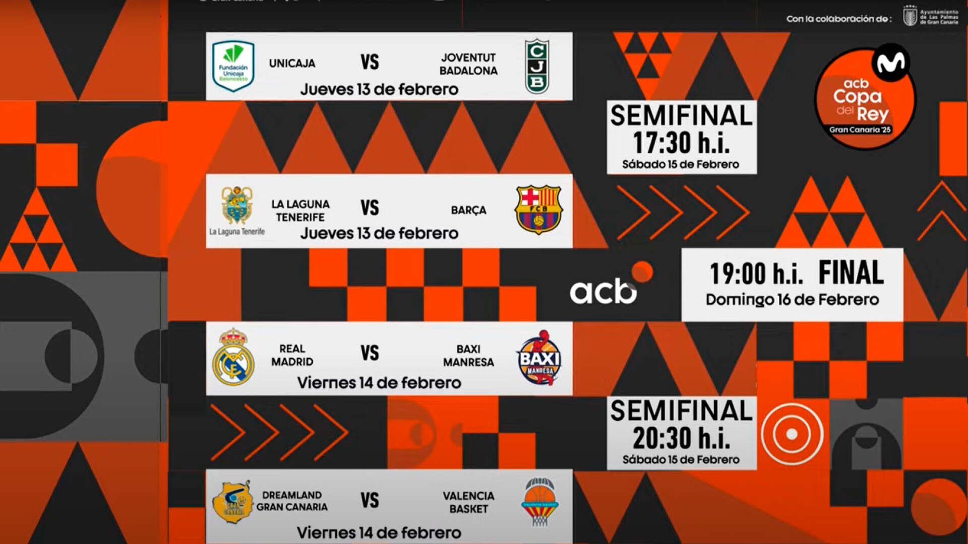 Real Madrid-Baxi Manresa; La Laguna Tenerife-Barça; Unicaja-Joventut y Valencia-Gran Canaria, duelos en la Copa del Rey