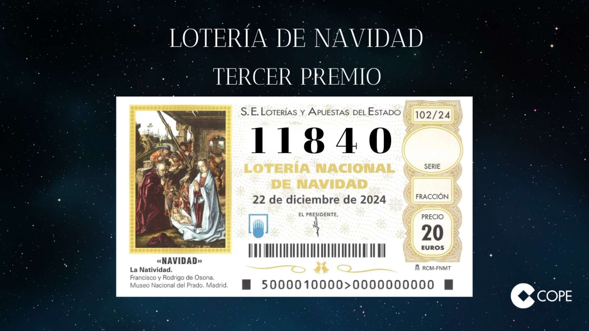 Tercer premio: 11.840, 500.000 a la serie y 50.000 al décimo