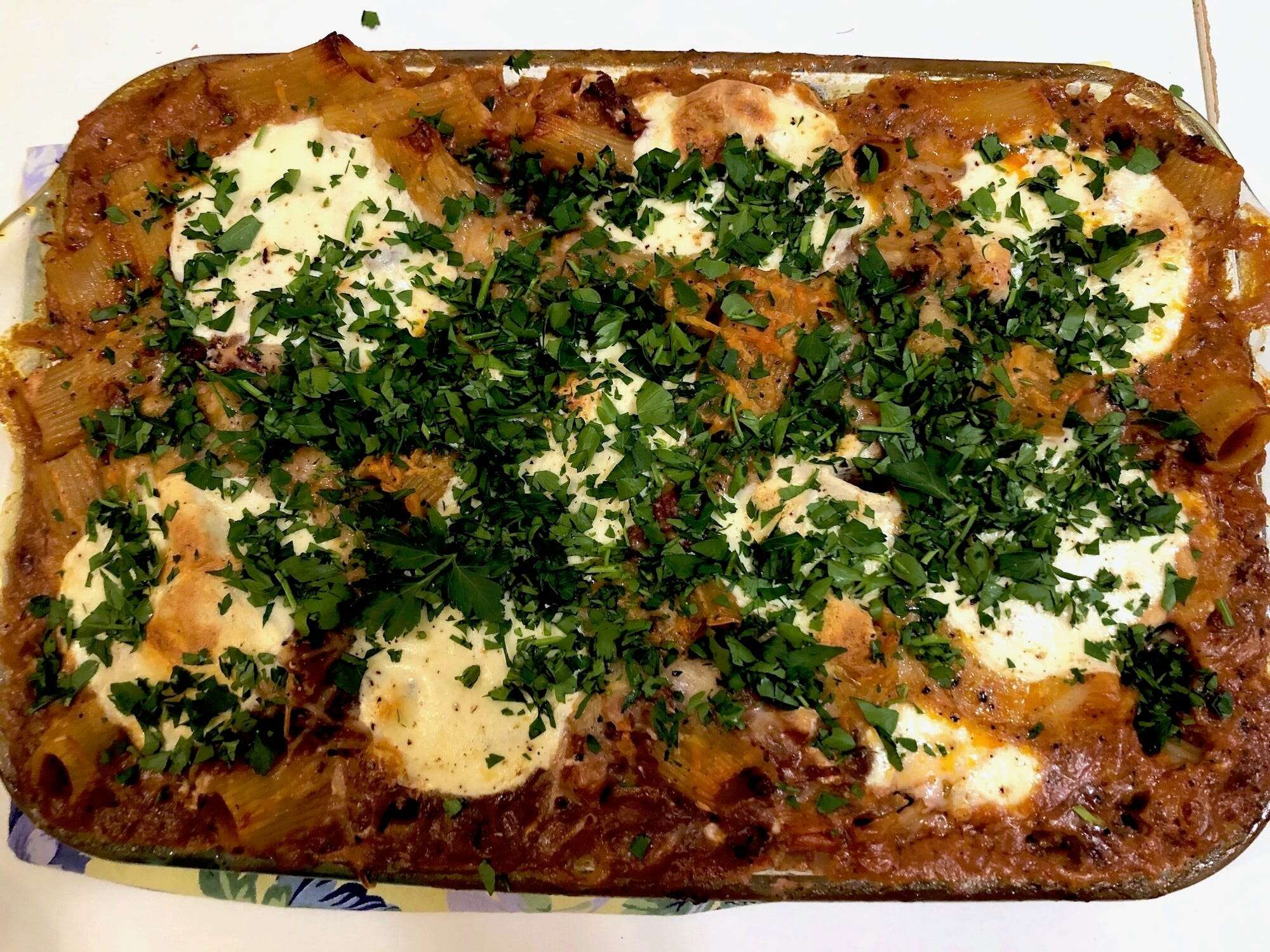 I made Ina Garten's cheesy baked pasta, which tasted like a cross between ziti and Bolognese. My dinner party loved it.