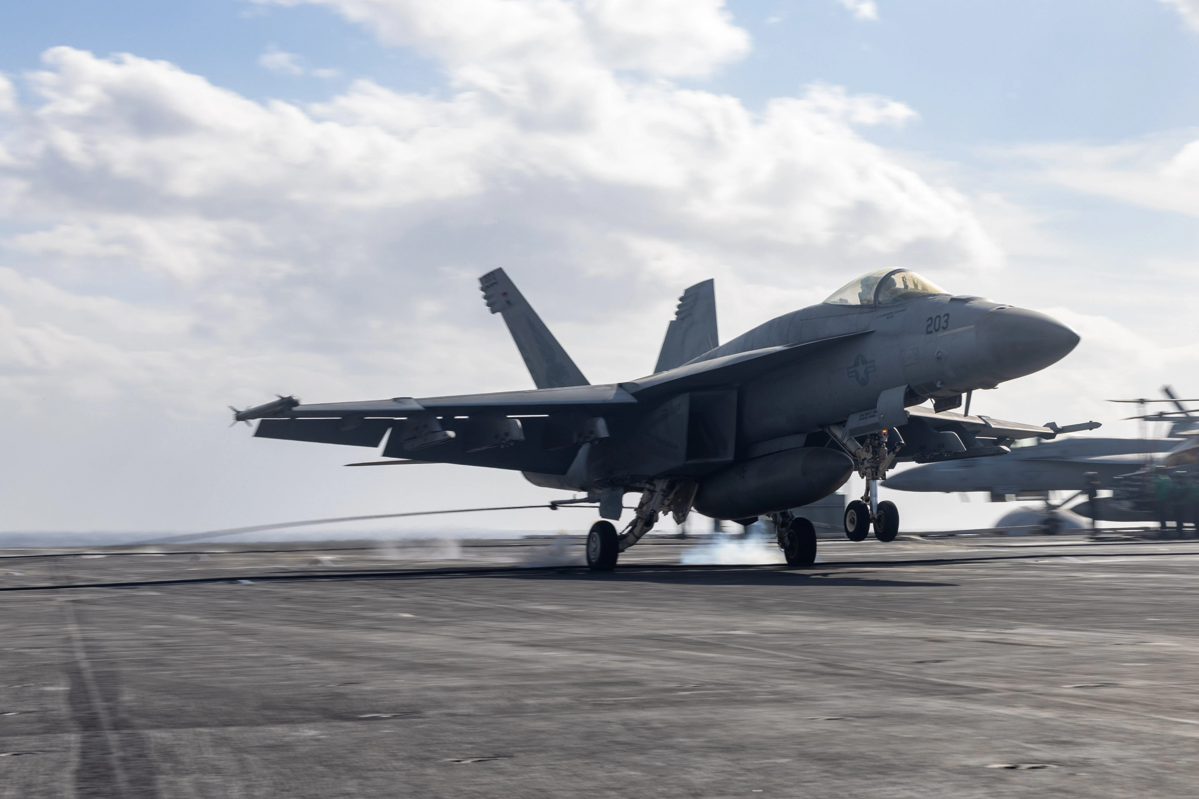 A US Navy aircraft carrier in the Red Sea fight just lost a third Super Hornet. The $60 million jet went overboard on landing.