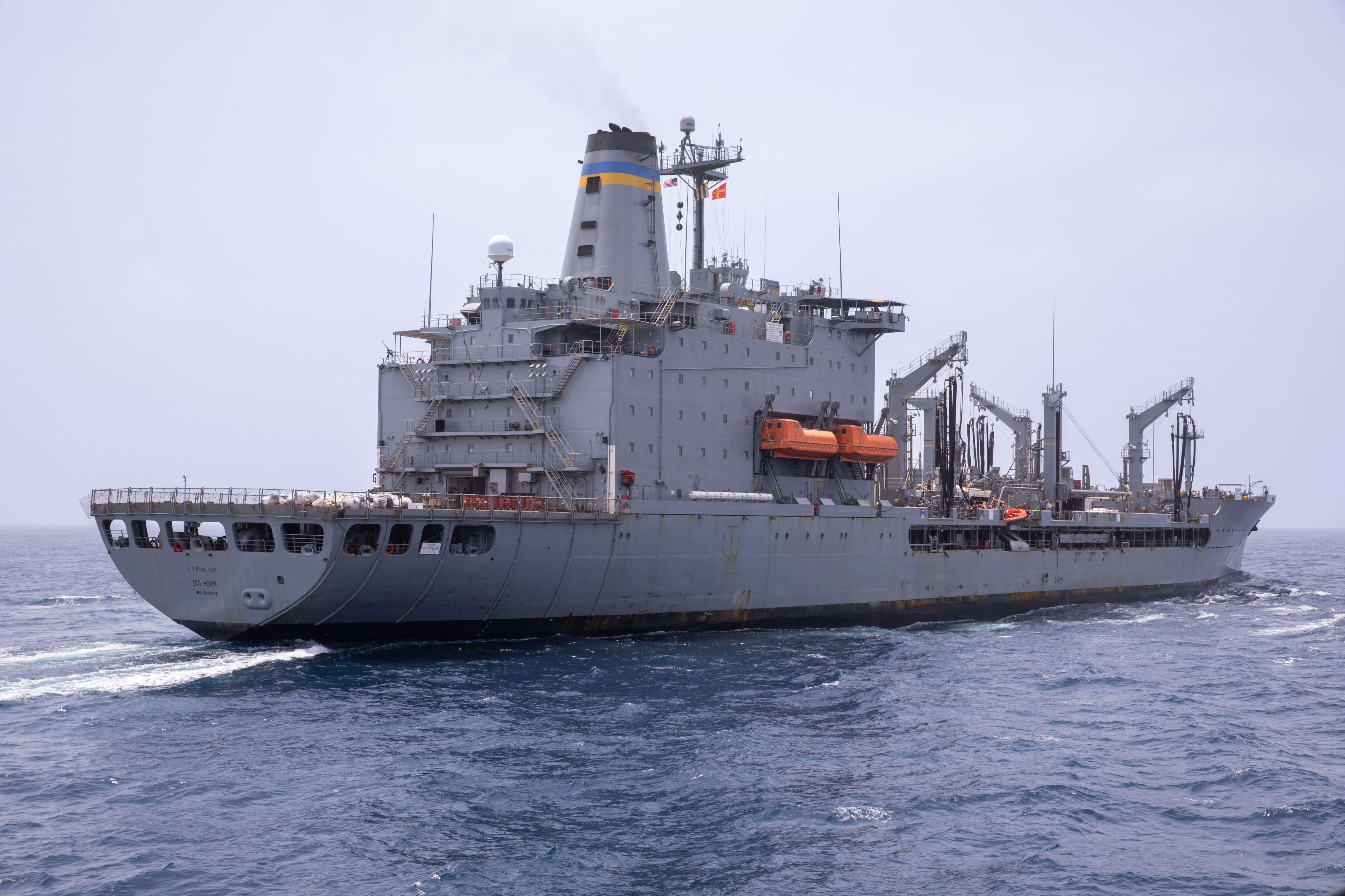 A deployed US Navy fuel ship suffered damage after apparently running into something in the Middle East