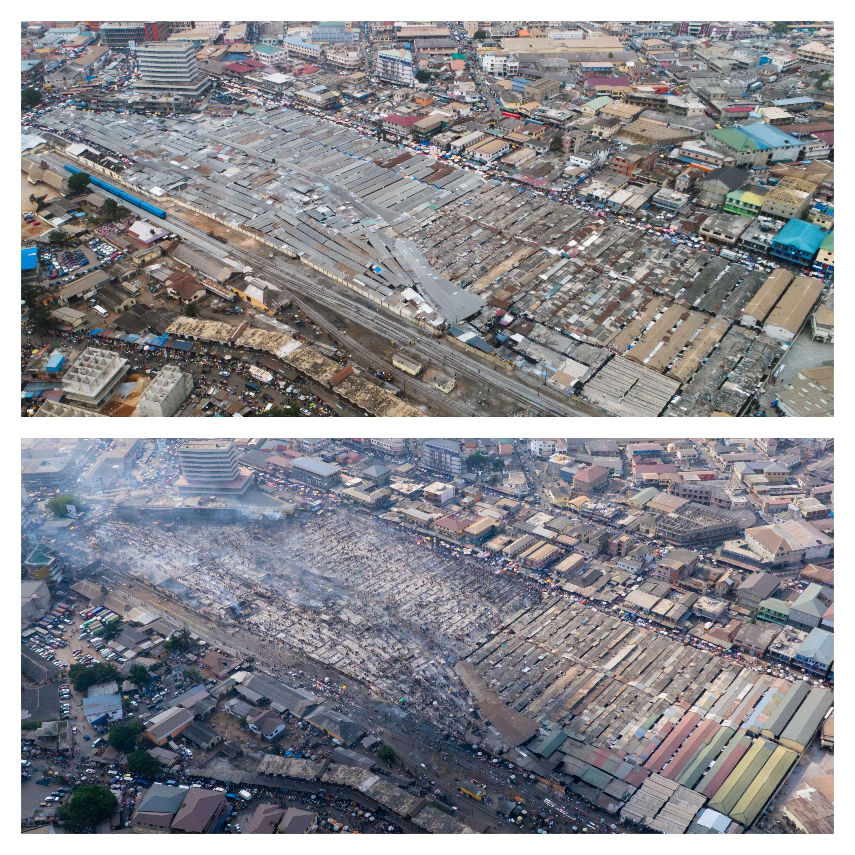 Before and after photos show how a fire destroyed a market where much of the world's secondhand clothes end up