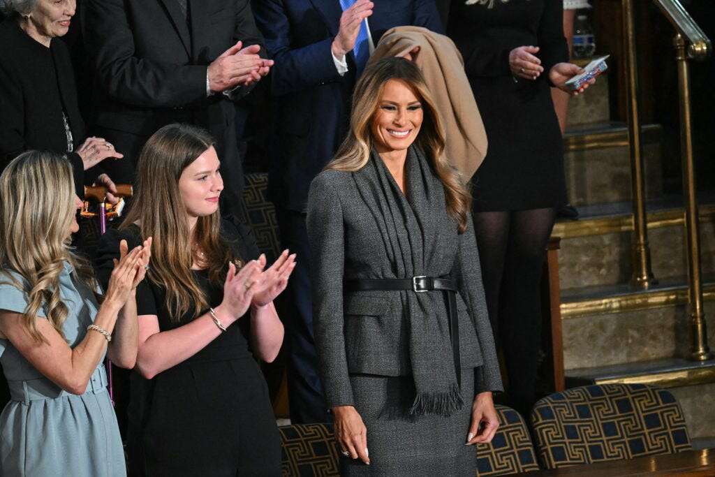 Melania Trump wore a gray $5,500 blazer with a removable scarf to Donald Trump's address to Congress