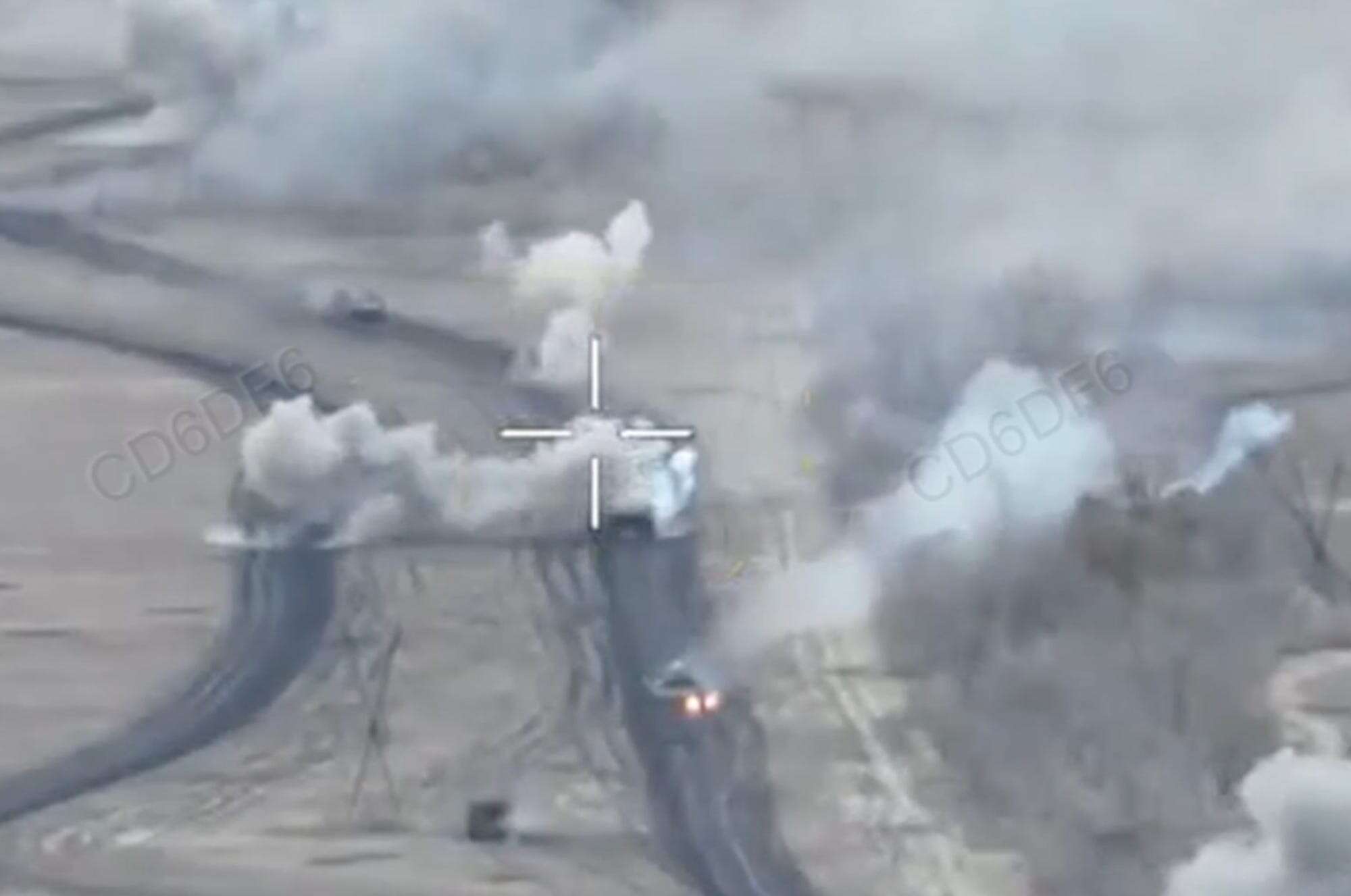 Video appears to show a Ukrainian Leopard tank taking out a column of Russian armored vehicles