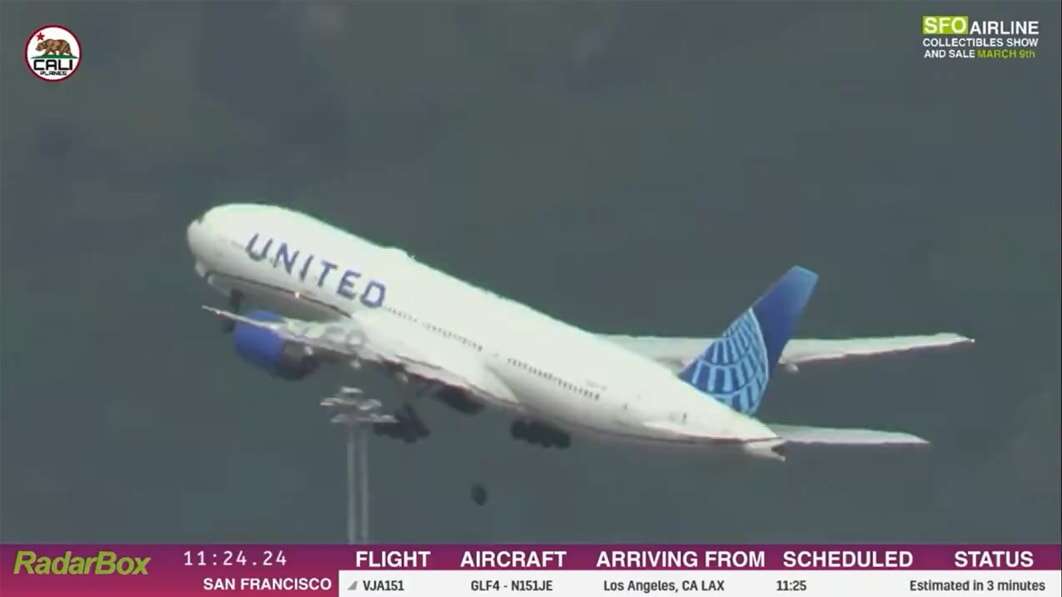 United Air Boeing 777 loses a wheel at takeoff, smashes car