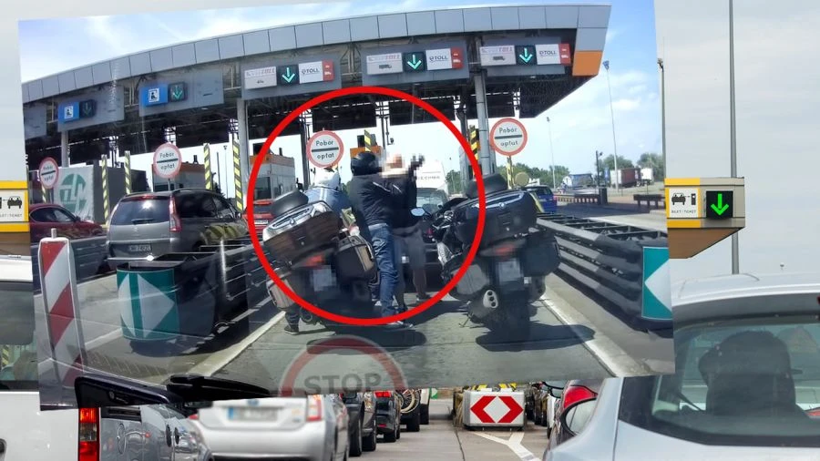 Dantejskie sceny przed bramką na A4. Wściekły motocyklista tłukł kierowcę passata [WIDEO]