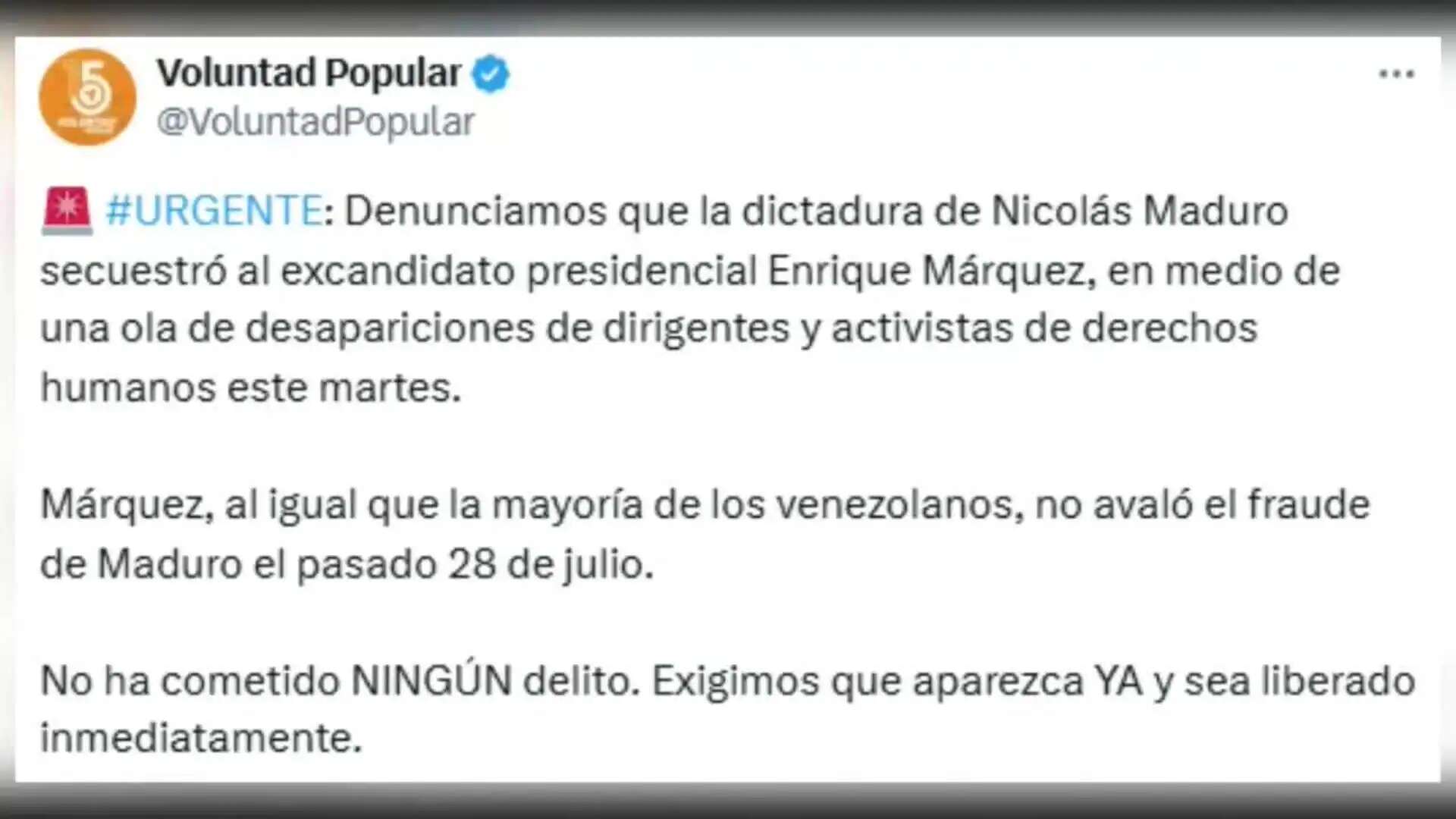 Detenido el excandidato presidencial Márquez en Venezuela, denuncia el partido opositor VP