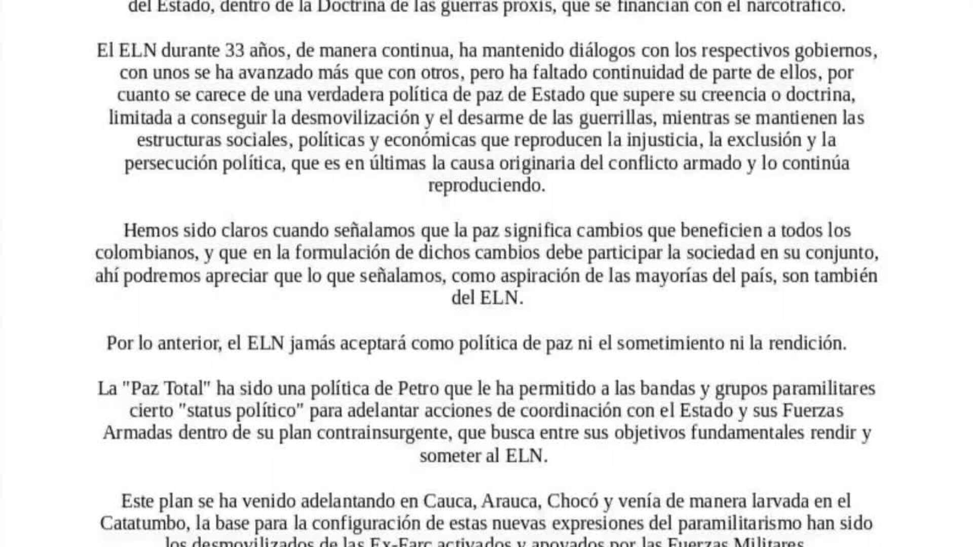 El ELN dice que no aceptará como política de paz su 