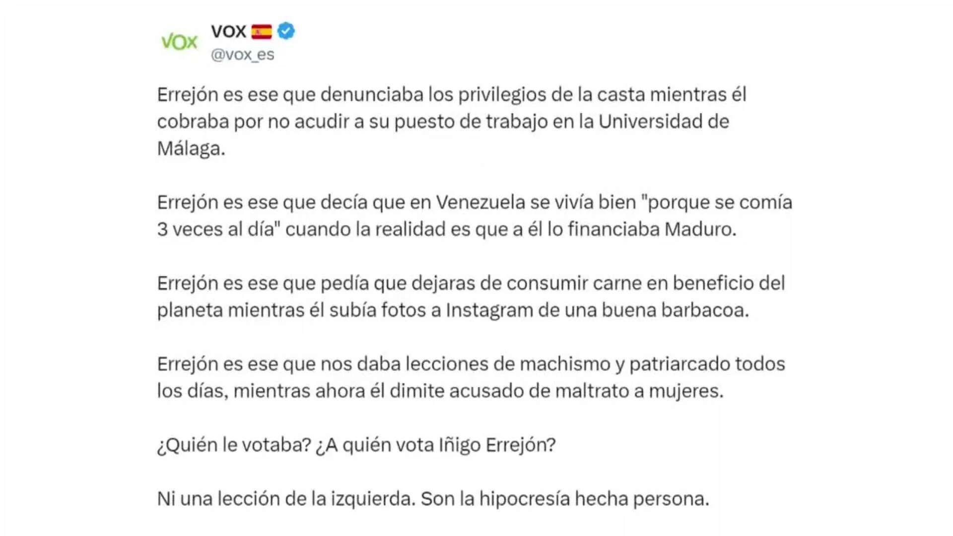 Abascal acusa a Errejón y a la izquierda de ser 