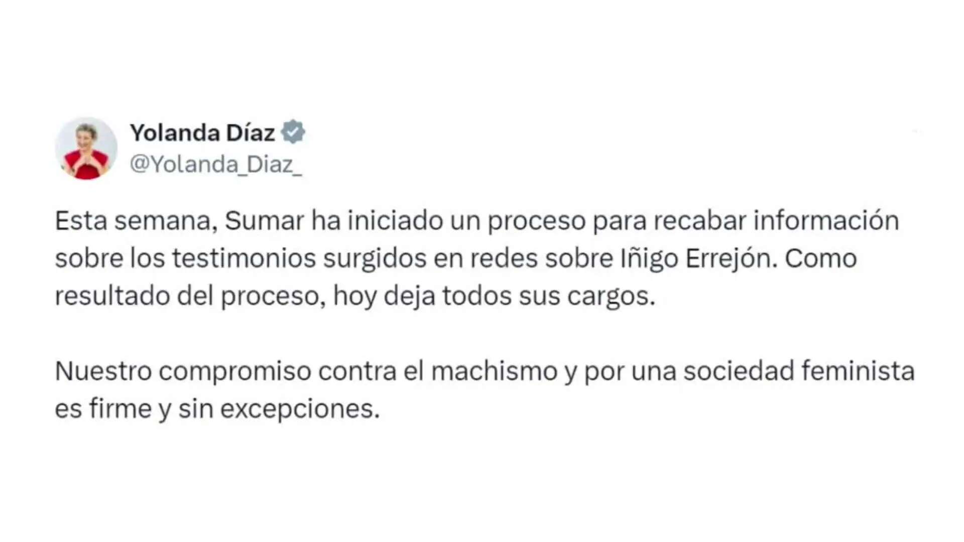 Yolanda Díaz dice que la dimisión de Errejón es el resultado del proceso abierto en Sumar