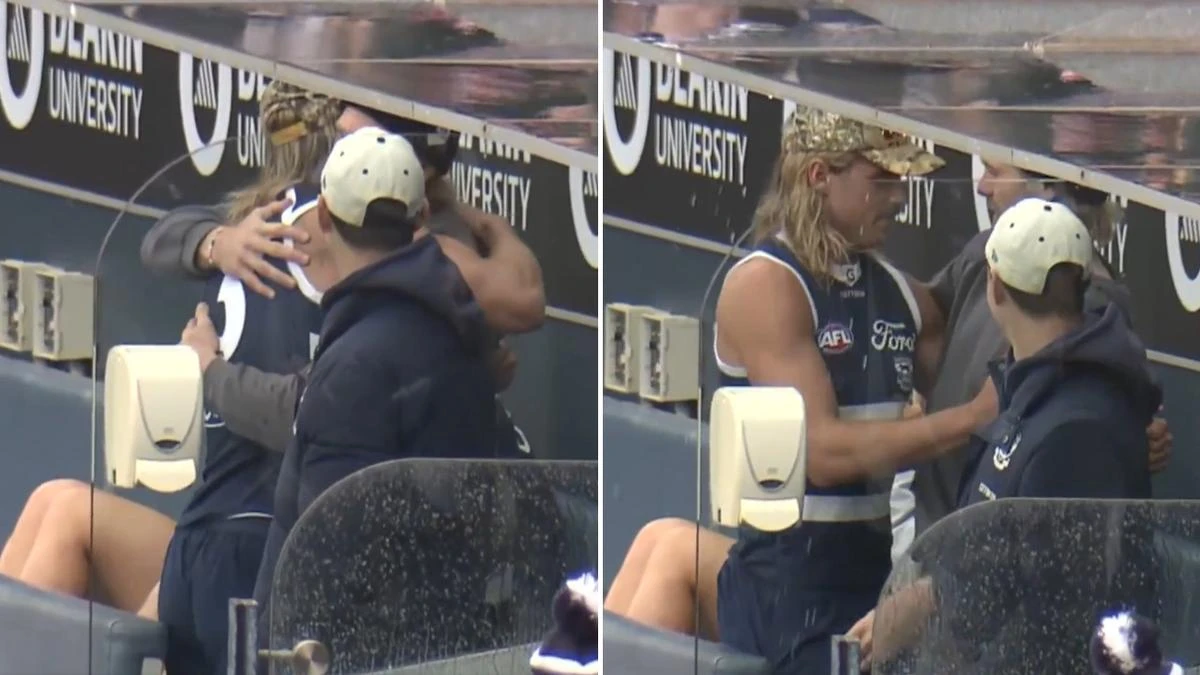 Bailey Smith consoles heartbroken teammate at Geelong training