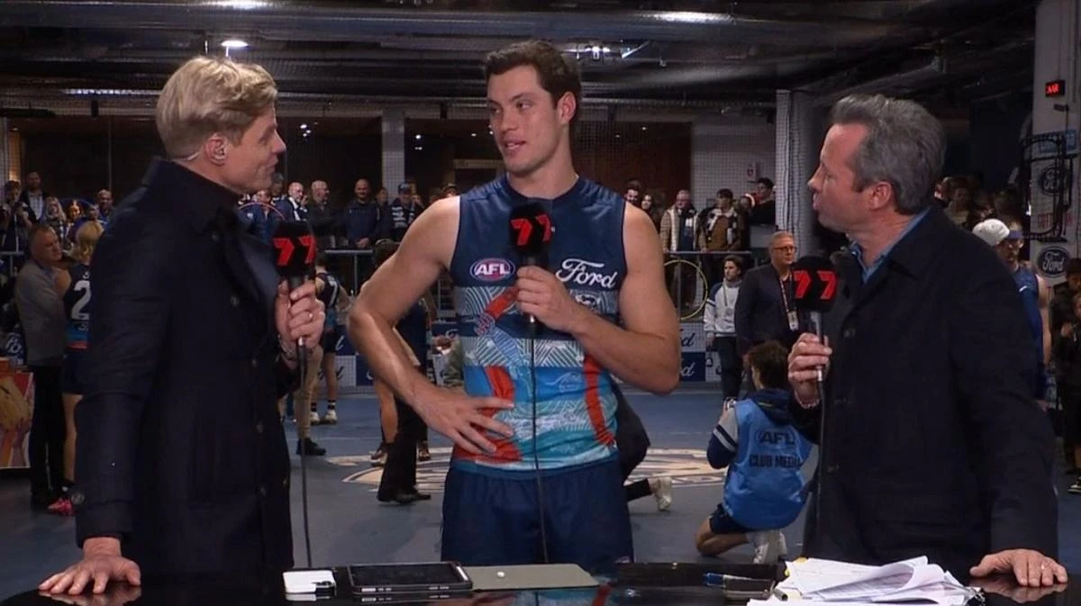 Emerging Geelong forward breaks AFL taboo on live TV