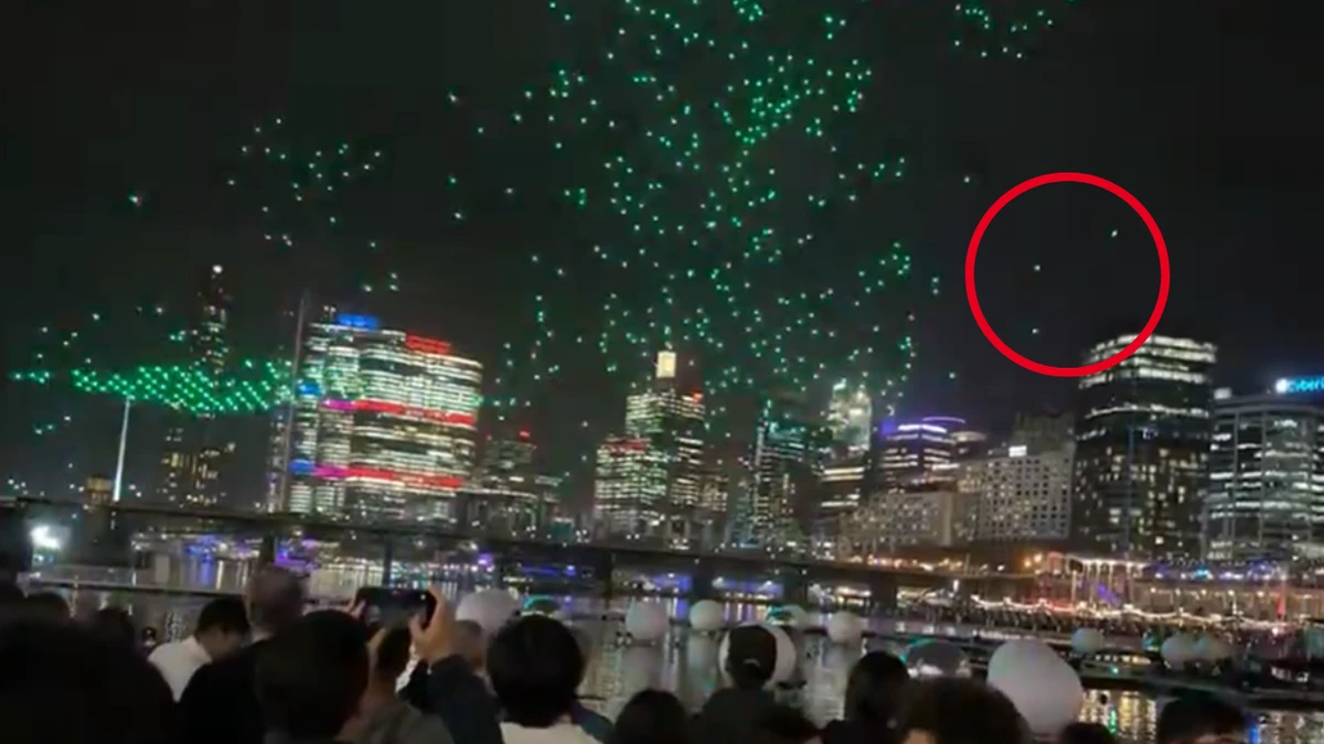 Dozens of drones plunge from the sky at Sydney light show