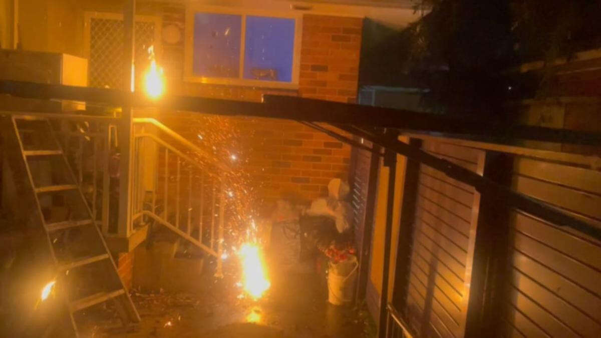 Terrifying moment battery explodes as it is thrown into courtyard