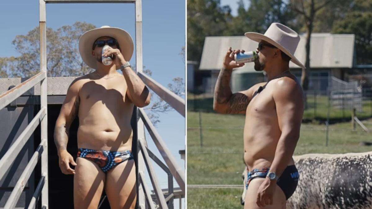 Latrell Mitchell and teammate go rogue in budgie smugglers