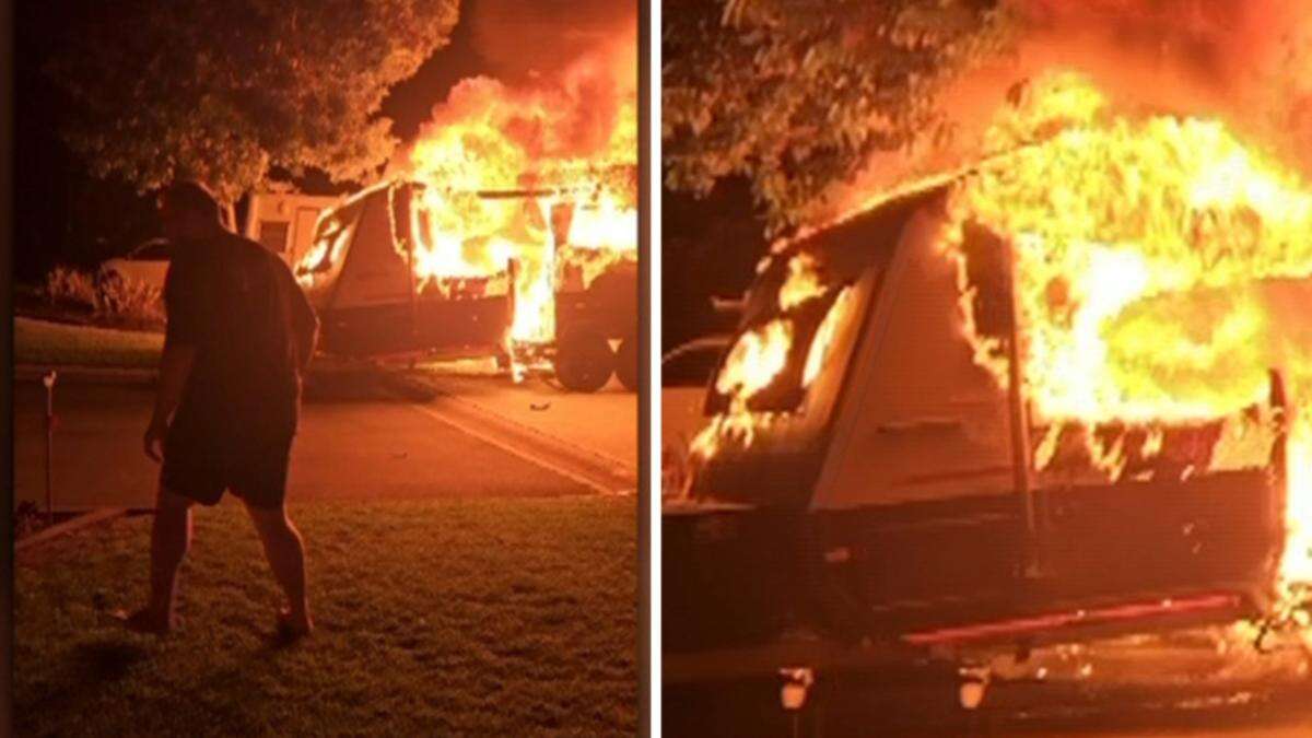 Gold Coast man’s heroic act after caravan erupts into flames next to his home