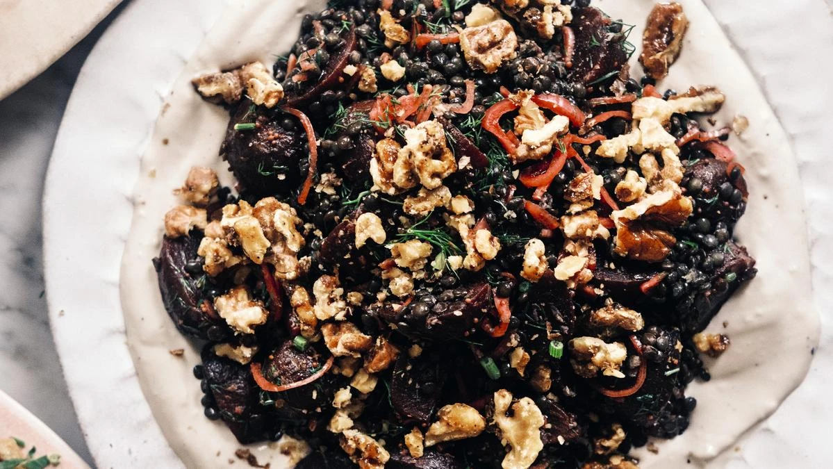A delicious dish that’s veggie focused without missing out of flavour – beetroot and lentil salad with tahini dressing