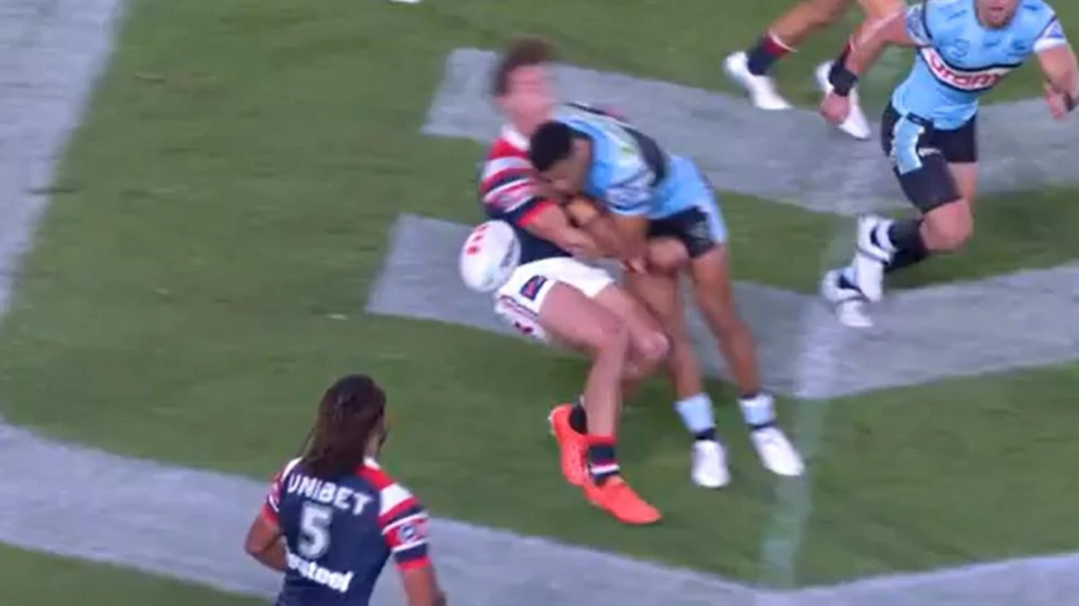 Roosters centre thumped by horrific high shot: ‘He just launches’