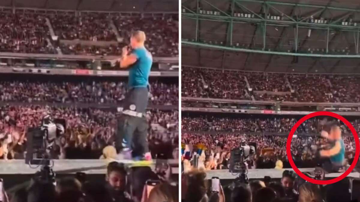 Shocking moment Coldplay frontman falls through trapdoor at Melbourne concert