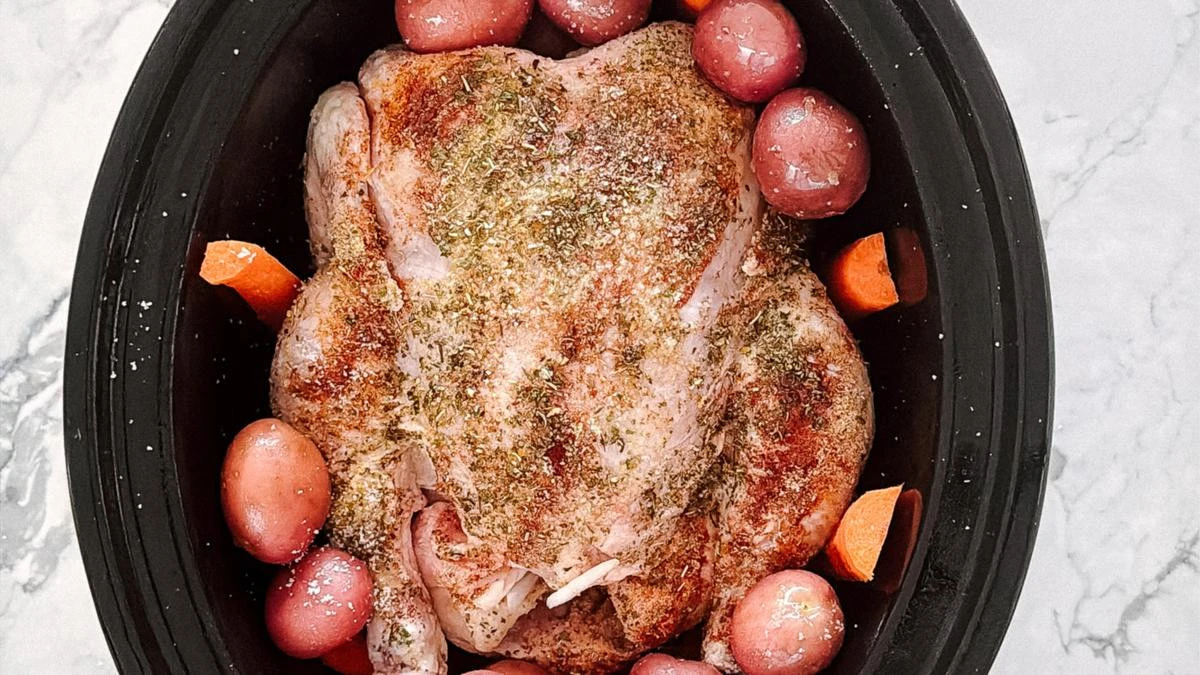 Stacey Clare shares how to make an entire roast chicken dinner in the slow cooker with only a couple of minutes prep time 