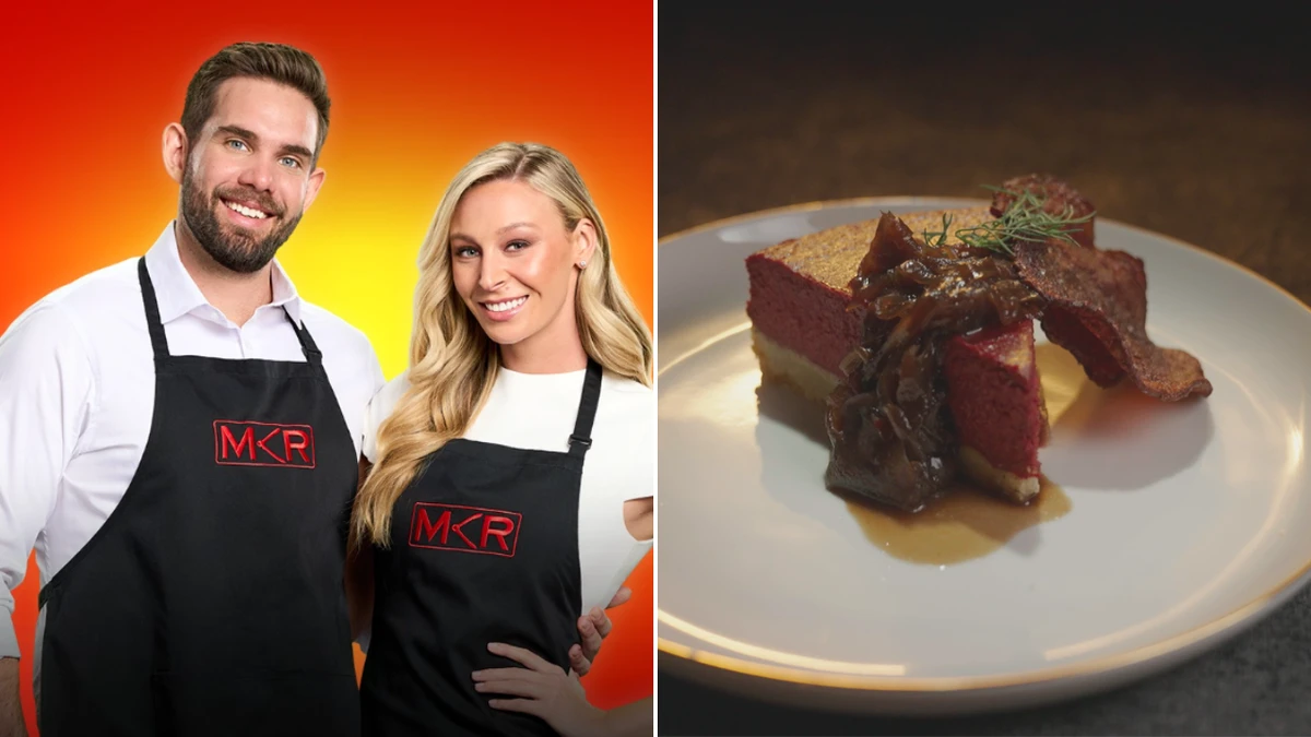 Michael and Rielli’s Beetroot & Feta Cheesecake with Onion Chutney and Beetroot Chips for MKR Episode 3