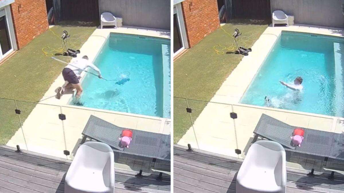 Security camera footage captures AFL great in pool mishap