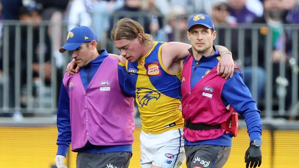 Harley Reid limps off the field in the hands of trainers