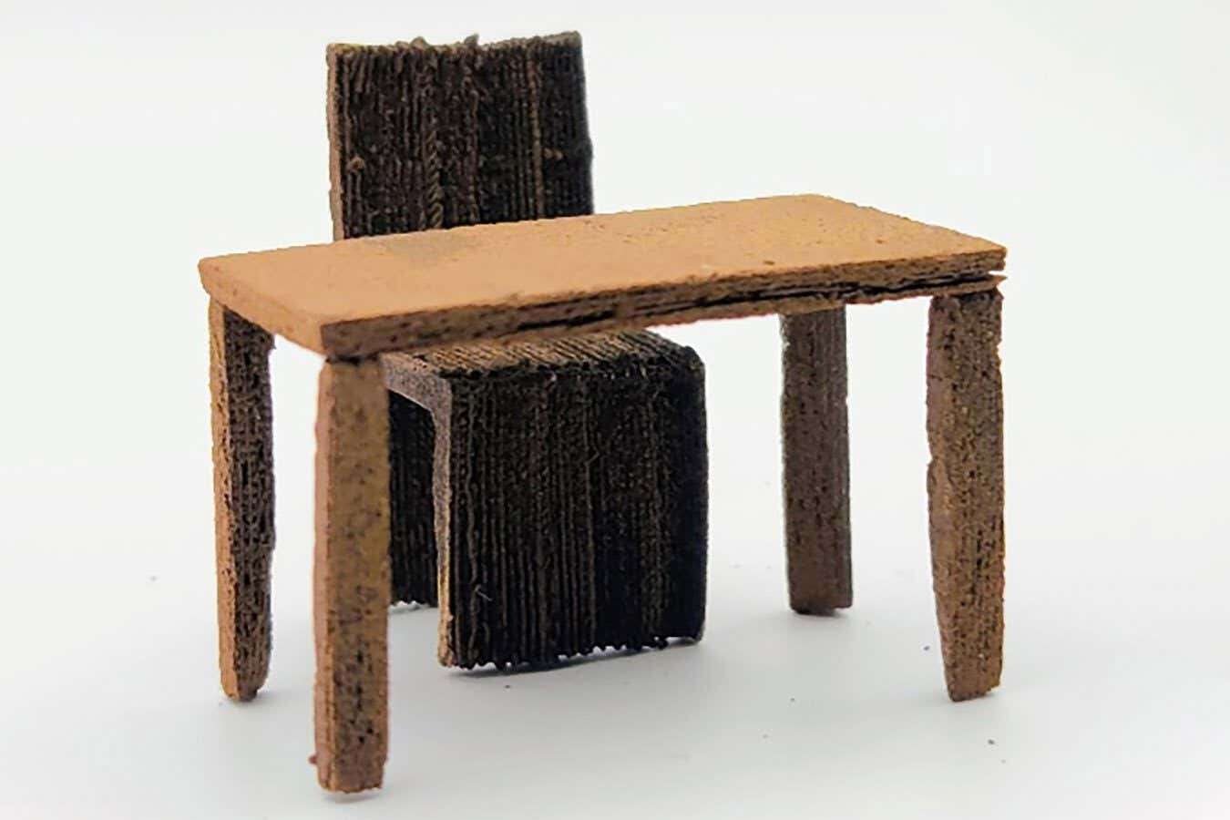 Miniature furniture 3D printed using ink made from recycled wood