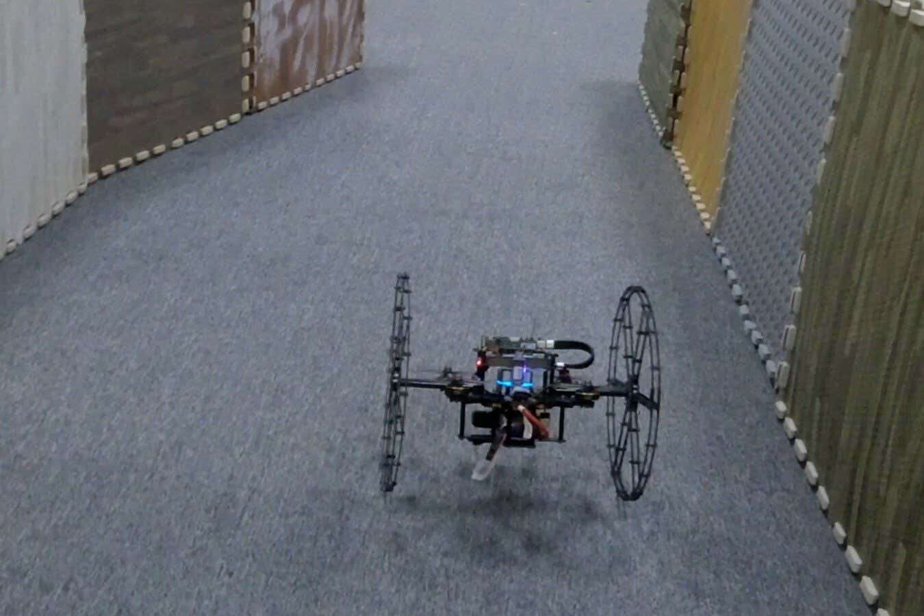 Flying drone can roll on the ground to save energy over long distances