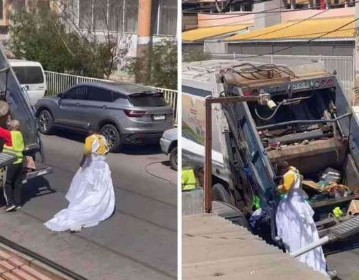 Do lixo ao luxo: gari usa vestido de noiva durante coleta