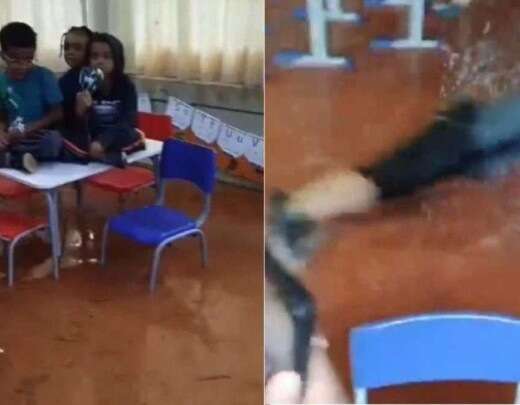 VÃ­deo: Chuva alaga escola, alunos sobem em carteiras e brincam na Ã¡gua