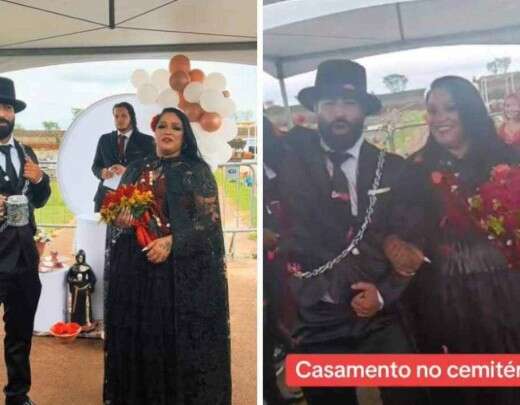 Com noiva de preto e vermelho, casal se casa em cemitÃ©rio