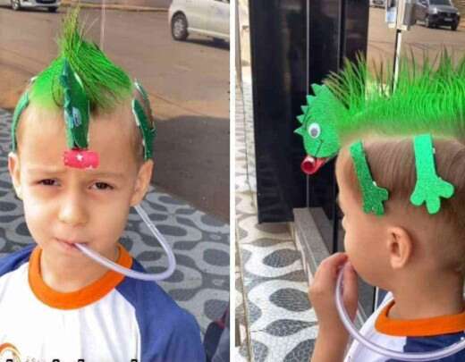 Dia do cabelo maluco: menino rouba cena com penteado de camaleÃ£o