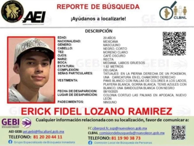 Hallan sin vida a Erick Fidel Lozano, joven desaparecido en Apodaca